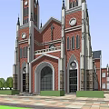 Historic Church Architecture With Red Brick Twin Towers Arched Entrance And Round Windows