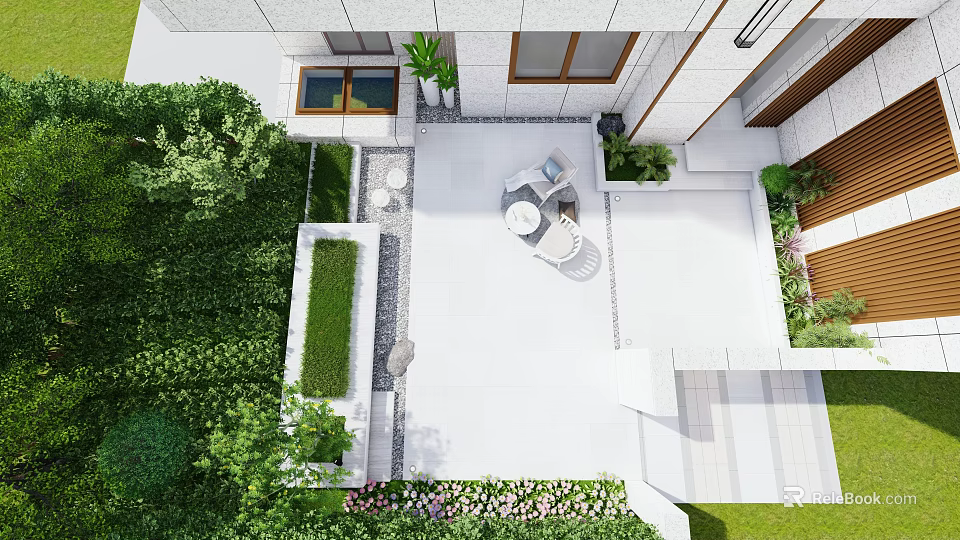 Courtyard Garden Design With White Paving Round Table Chairs Green Plants And Flowers 3d model 