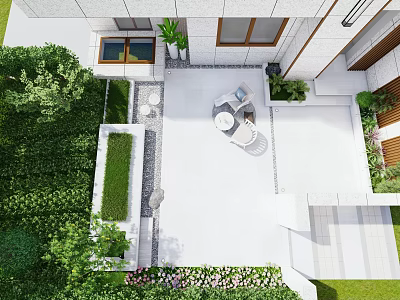 Courtyard Garden Design With White Paving Round Table Chairs Green Plants And Flowers 3d model