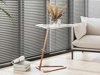 Modern Side Table With White Marble Top Copper Frame By Window Blinds And Sofa 3d model