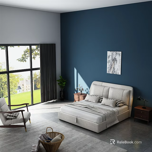 Double Bed Interior With Blue Wall Large Window Green View Bedside Table And Potted Plant 3d model