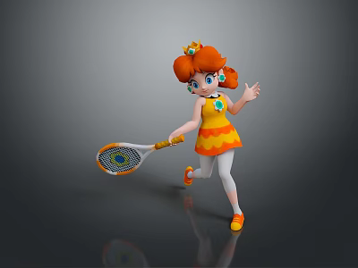 Little Girl with Orange Pigtails Running Holding Tennis Racket in Yellow Orange Dress 3d model