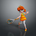 Little Girl with Orange Pigtails Running Holding Tennis Racket in Yellow Orange Dress