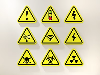 Different Warning Signs With Exclamation Mark Traffic Light Lightning Bolt Skull Biohazard And Radiation Symbol 3d model