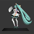 3D Anime Character Model With Long Turquoise Hair Rabbit Ears And Black Display Base