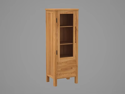 Natural Wood Wine Cabinet With Glass Door Shelves And Bottom Drawer 3d model