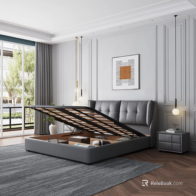 Modern Double Bed With Storage In Bright Bedroom 3d model