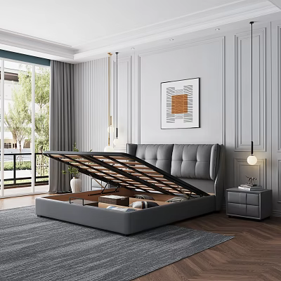 Modern Double Bed With Storage In Bright Bedroom 3d model