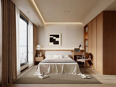 Modern Bedroom With King Bed White Sheets Wooden Cabinets Wall Art And City View 3d model
