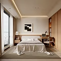Modern Bedroom With King Bed White Sheets Wooden Cabinets Wall Art And City View