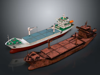 Modern Cargo Ship With Green Superstructure and Rusty Old Brown Vessel as Water Transport 3d model