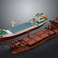 Modern Cargo Ship With Green Superstructure and Rusty Old Brown Vessel as Water Transport
