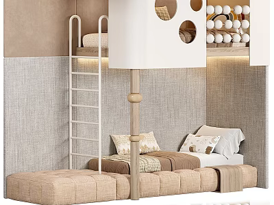 Cozy Children's Bunk Bed With Beige Ladder Padded Mattress Soft Pillows And Gray Walls 3d model