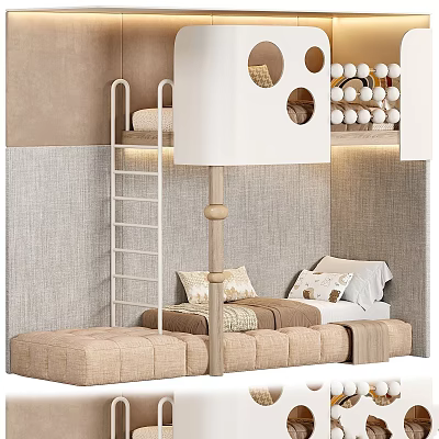 Cozy Children's Bunk Bed With Beige Ladder Padded Mattress Soft Pillows And Gray Walls 3d model