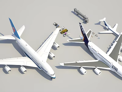 China Southern And Lufthansa Airplanes Parked On Airport Tarmac With Ground Service Vehicles 3d model