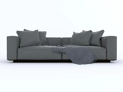 Modern Gray Two-Seater Sofa with Soft Pillows and Cozy Blanket Design 3d model
