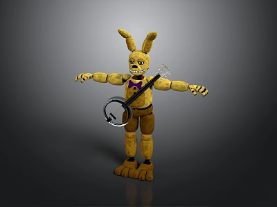 Yellow Rabbit Character with Brown Pants Purple Bow Tie Holding Stringed Instrument Arms Outstretched 3d model