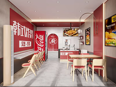 Korean Fried Chicken Restaurant With Red Walls Wooden Tables Chairs And Menu Posters 3d model
