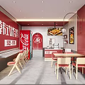 Korean Fried Chicken Restaurant With Red Walls Wooden Tables Chairs And Menu Posters