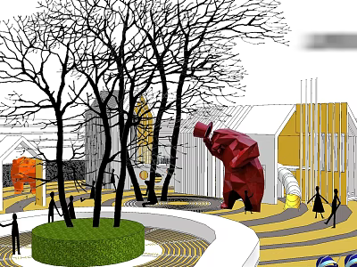 Children's Play Area With Large Red Sculptures Trees And Yellow Building 3d model