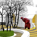 Children's Play Area With Large Red Sculptures Trees And Yellow Building