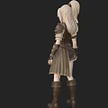 Woman In Leather Outfit With Corset Short Skirt Wrist Guards And Boots