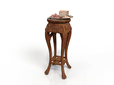 Carved Wooden Side Table With Intricate Details And Cake With Fruits On Top 3d model