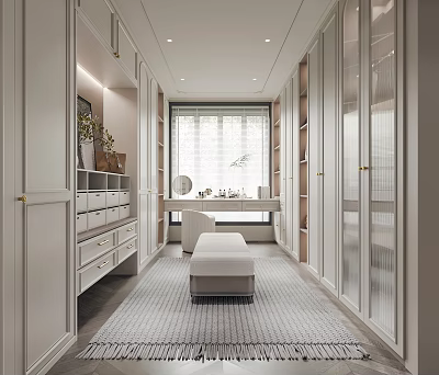 Modern Walk in Closet With Storage Cabinets Bench And Dressing Table 3d model
