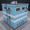 Blue And White Striped Two Story Office Building With Windows Balcony And Roof Structure