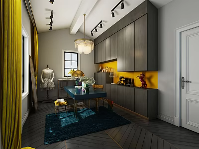 Modern Public Office Space With Open Layout Desks Chairs Area Rug And Pendant Lamp 3d model