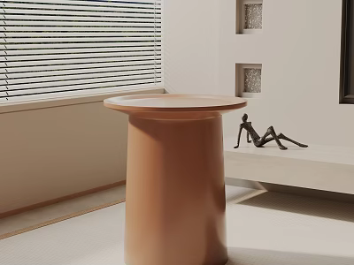 Brown Cylindrical Side Table With Round Top By Window Blinds And Black Sculpture 3d model