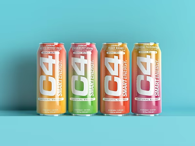 C4 Smart Energy Drinks Four Cans Various Flavors On Light Blue Background 3d model