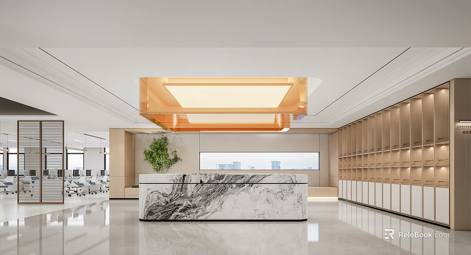 Modern Reception Desk With Marble Countertop Gold Ceiling Light Bookshelves Large Window And Green Plant 3d model 