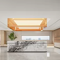 Modern Reception Desk With Marble Countertop Gold Ceiling Light Bookshelves Large Window And Green Plant