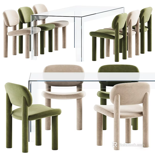 Elegant Glass Dining Table Set With Green Beige Velvet Chairs And Modern Comfortable Design 3d model 