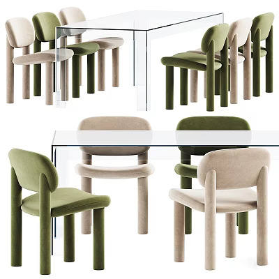 Elegant Glass Dining Table Set With Green Beige Velvet Chairs And Modern Comfortable Design 3d model