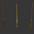 Three Different Designed Wooden Magic Wands With Intricate Handle Carvings And Details