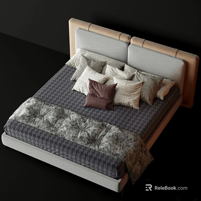 Modern Double Bed With Beige Headboard Gray Mattress And Patterned Quilt 3d model 