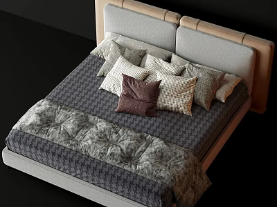 Modern Double Bed With Beige Headboard Gray Mattress And Patterned Quilt 3d model