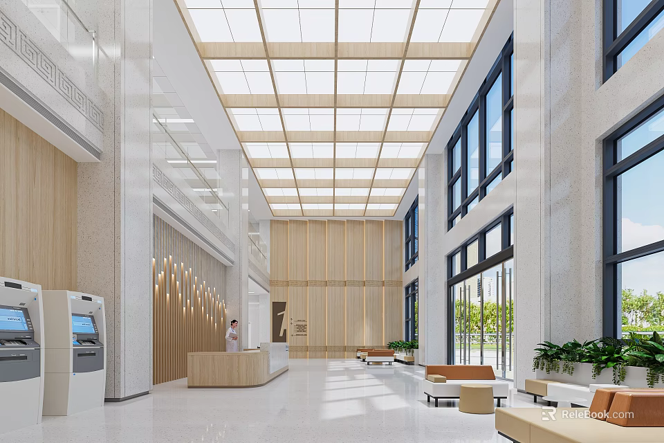 Hospital Outpatient Clinic Bright Lobby With Reception And Natural Light 3d model 