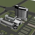Modern Hospital Building Exterior With Glass Facade Surrounding Trees Parking Lot And Greenery