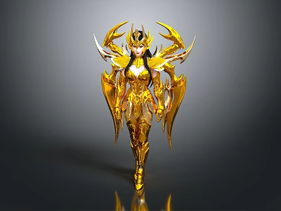 Ornate Golden Armored Female Figure With Winged Crown And Shining Details 3d model