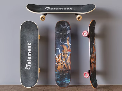 Element Skateboards With Various Designs And Red Wheels Displayed Together 3d model