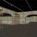 Warehouse Storage With Shelves Cardboard Boxes Arched Doorways Stone Walls And Metal Roof