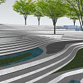 Modern Curved Outdoor Stairs Design With Trees Grass Water Feature And Paved Landscape