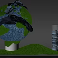 Interactive Zone Showing Globe With Torn Fabric Green Grass Base And Cylindrical Containers Stacked Items