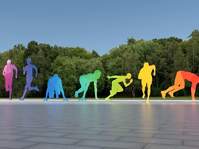 Garden Ornaments Featuring Colorful Sports Pose Silhouettes In Square With Trees And Reflections 3d model