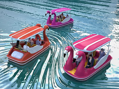 Pink And Orange Flamingo Paddle Boats Carrying People On Water With Canopies 3d model