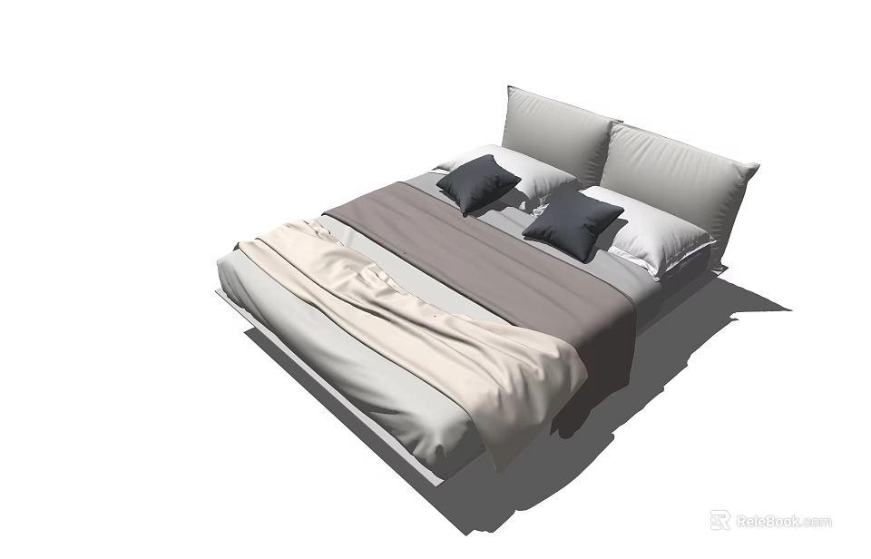 Modern Minimalist Double Bed With Gray Beige Bedding And Two Gray Pillows 3d model 