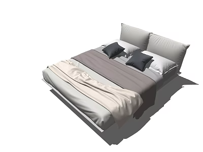 Modern Minimalist Double Bed With Gray Beige Bedding And Two Gray Pillows 3d model